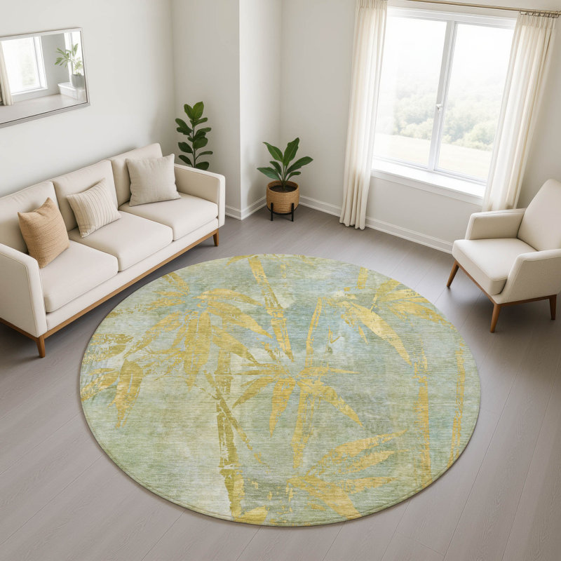 Premium Machine Washable Mayfield AMF2222 Botanical Rug, 8' Round, Sage