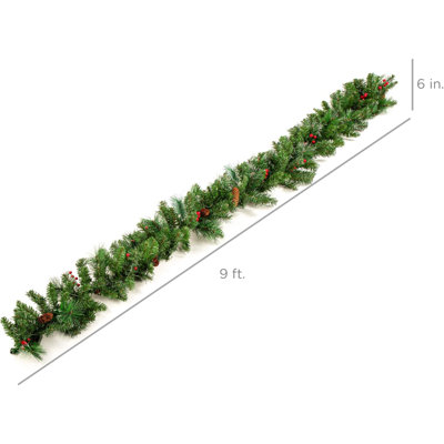 9Ft Pre-Lit Holiday Pre-Decorated Christmas Garland For Stairs, Fireplace, Decoration W/PVC Tips, 50 Lights, Pine Cones, Berries - Unflocked