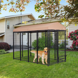 4'x8'x6'(H) Outdoor Dog Kennel with Rotating Feeding Door and Upgraded Polyester Roof