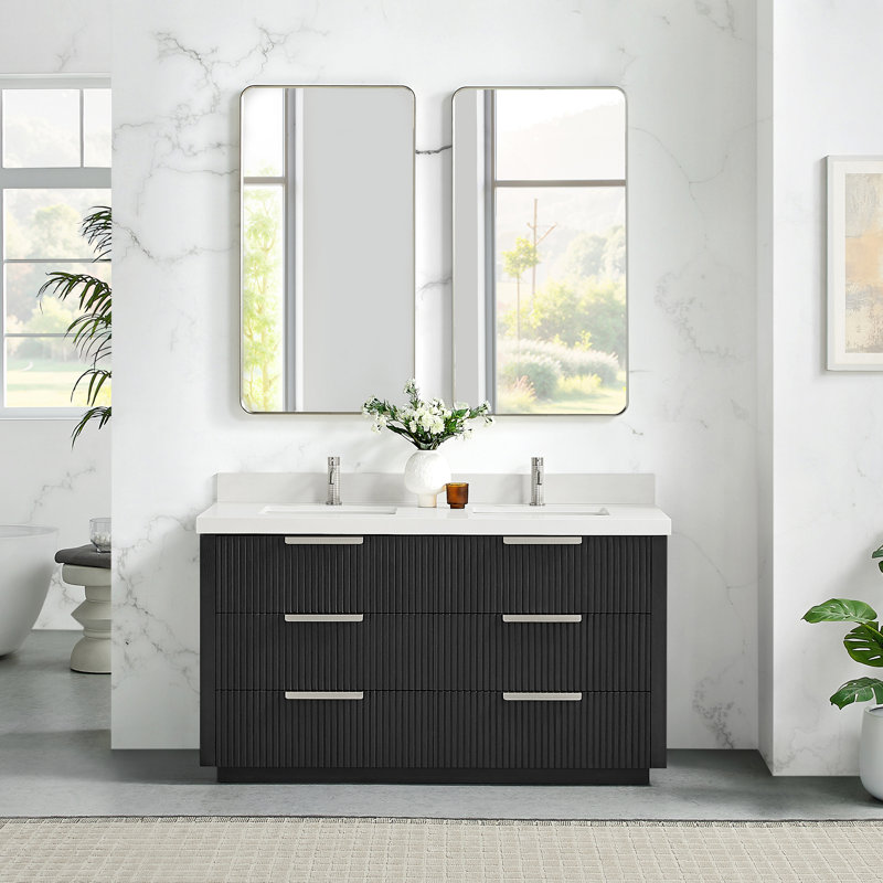 Meuble-lavabo double autoportant 60 po en chêne noir vieilli avec plateau en pierre de quartz Allister, 60"