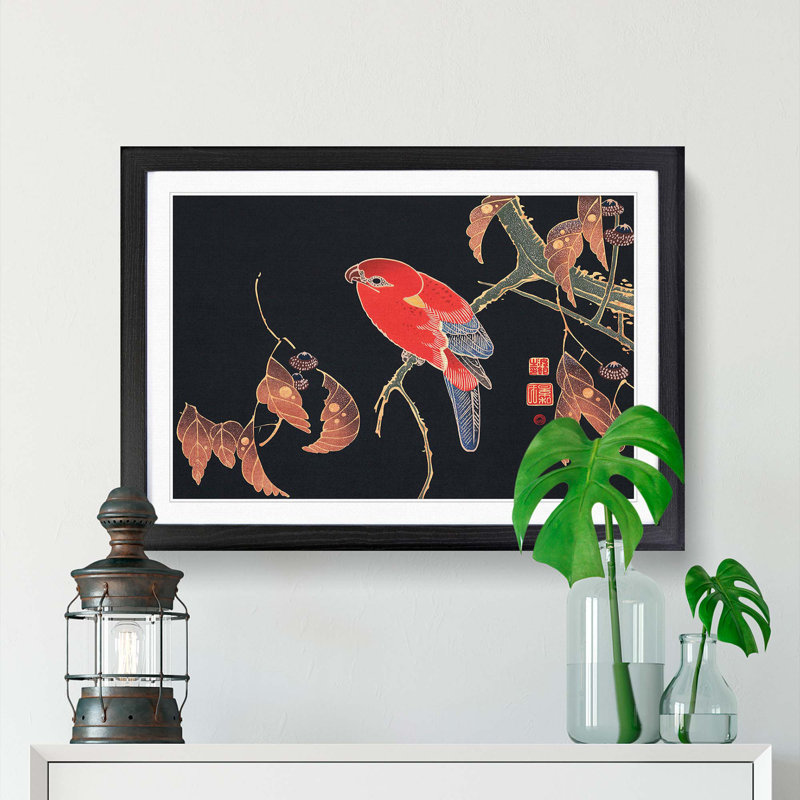 Red Parrot by Ito Jakuchu - Picture Frame Painting Print, Black Framed, 62cm H x 87cm W x 2cm D