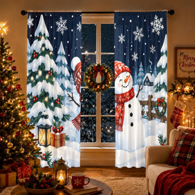 2Pcs Snowman Christmas Tree Window Curtains, Winter Snow Scene Light Filtering Curtains For Living Room Bedroom Kitchen Outdoor Decor Room Decor Home Decor Garden Decor For Outside Wedding Decorations