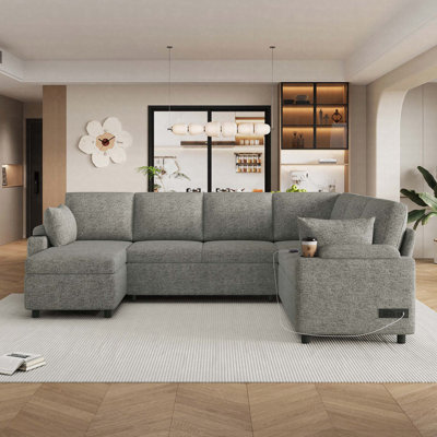 109.9" U-Shaped Sectional Sofa Bed With Ample Storage, Dual Cup Holders & Charging Ports
