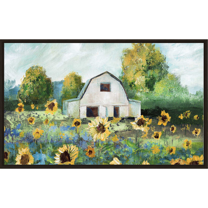 Sunflower Barn par - Peinture, Cadre flottant espresso, H 21,5 po x l 33,5 po x P 2 po