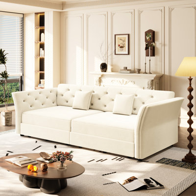 Lit multi-fonctionnel de 74,4 po avec velours orné de fleurs, beige / blanc 3 places pour appartement, structure solide, grand siège, housse de coussin amovible et convertible, conception de velours artistique, salon,