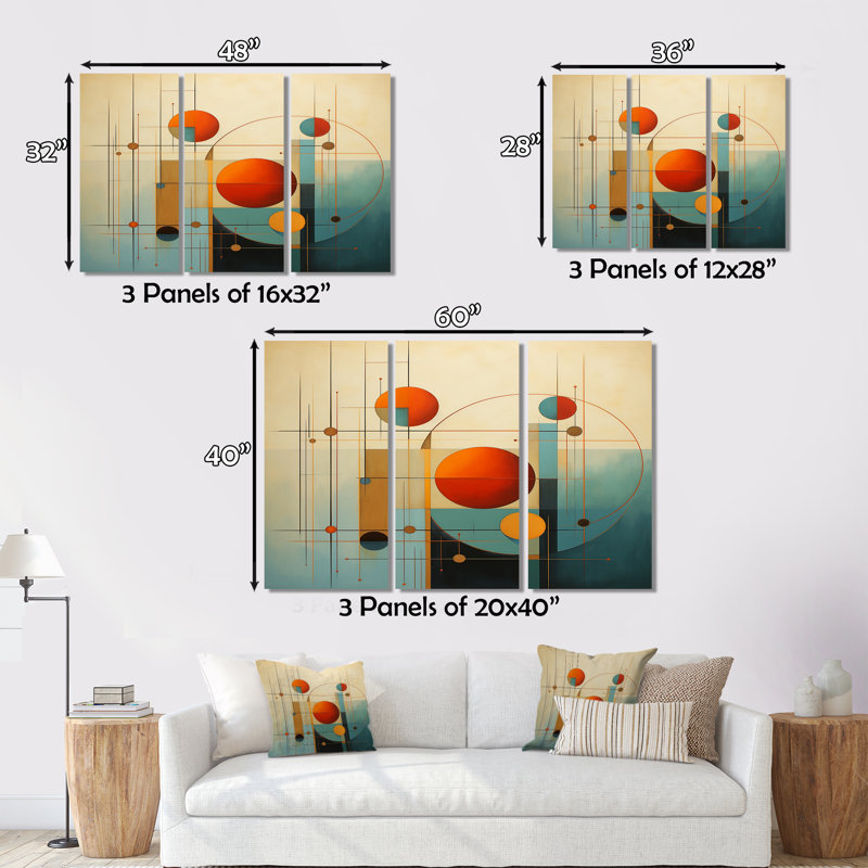 «Serendipity Abstract Mid - Century Geometrics VI» sur toile, reproduction de 3 pièces, H 32 po x l 48 po x P 1 po