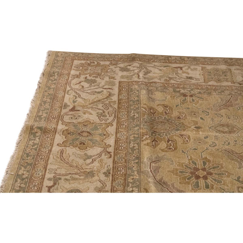 Tapis doré / ivoire en laine noué à la main de conception unique 12 pi 1 po x 18 pi 1 po