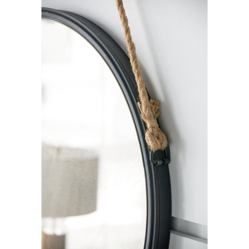 Miroir rond 29,5 po avec cadre en fer noir et corde robuste pour le salon, 29,97 po x 29,27 po