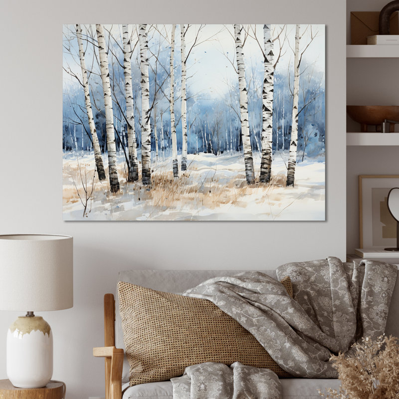 Bois de bouleau blanc et bleu en hiver - Art mural bouleau, Toile tendue, 16" H x 32" W