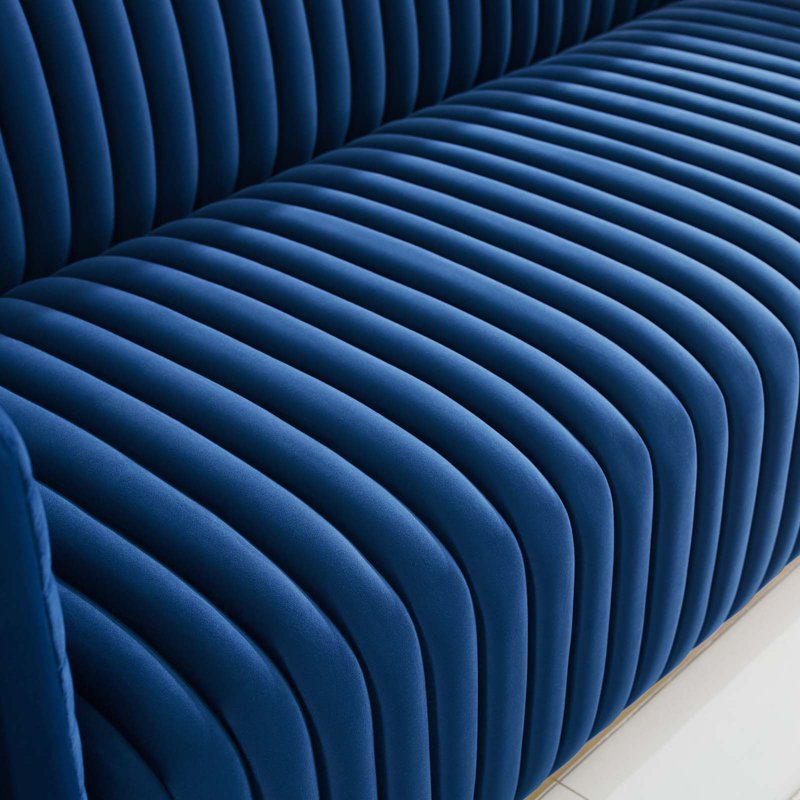 Navy Velvet Tufted Tuxedo Sofa with Gold Stainless Steel Base, 96.5"