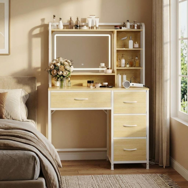 Modern Vanity Desk with Square Mirror, 35.4" Makeup Table with Shelves and 4 Fabric Drawers for Bedroom, Beige