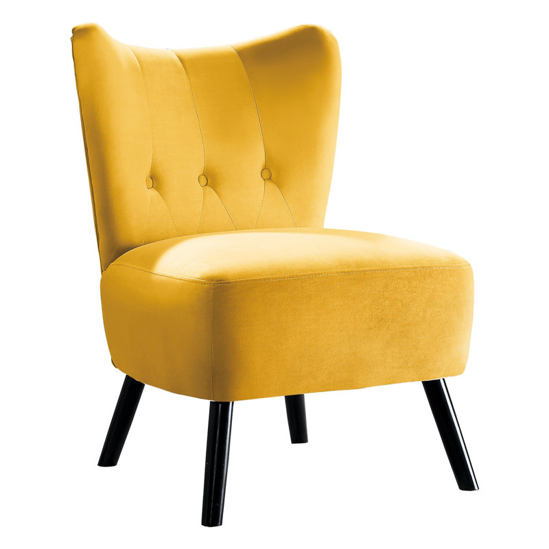 Fauteuil attrayant en velours jaune avec pieds en bois brun, H 32,96 po x l 26,82 po x P 22,75 po, Jaune