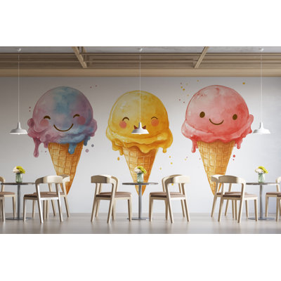 Adorable murale de crème glacée mignonne, crème glacée, art mural, dessert, 385Mv
