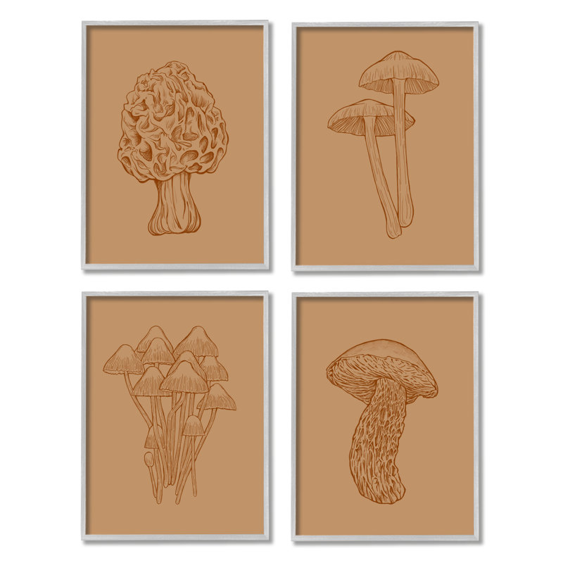 «Rustic Cottage Mushroom Sketches» par Ziwei Li, ensemble de 4 impressions sur bois, H 28 po x l 22 po x P 1,5 po