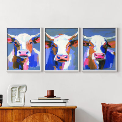 Colorful Bovine  Series  CXI  -Set Of 3 Framed Giclee Prints -Ready to Hang