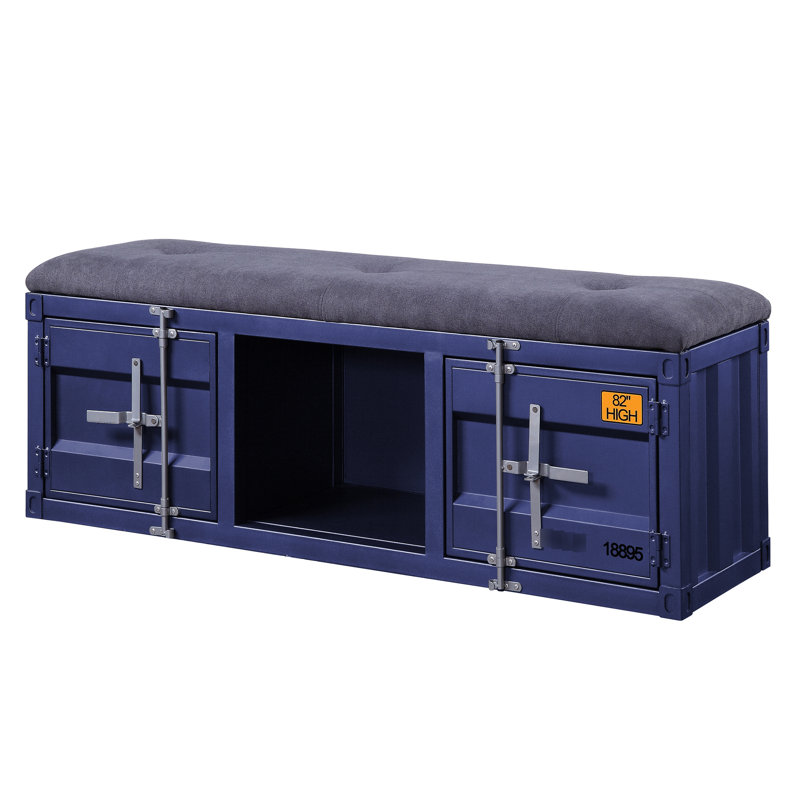Banc de rangement moderne et industriel gris et bleu pour un espace de chambre fonctionnel avec verrou pratique