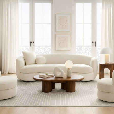 Living room with curved sofa and patterned rug.