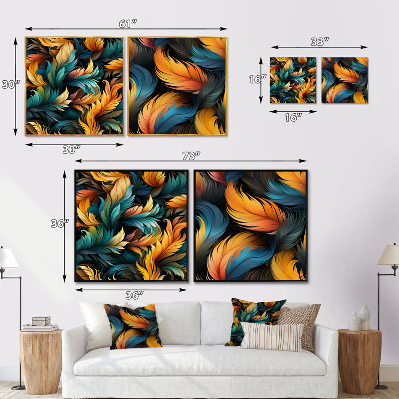 Plume orange et sarcelle, ensemble de 2 oiseaux carrés, Cadre flottant noir, H 16 po x l 33 po