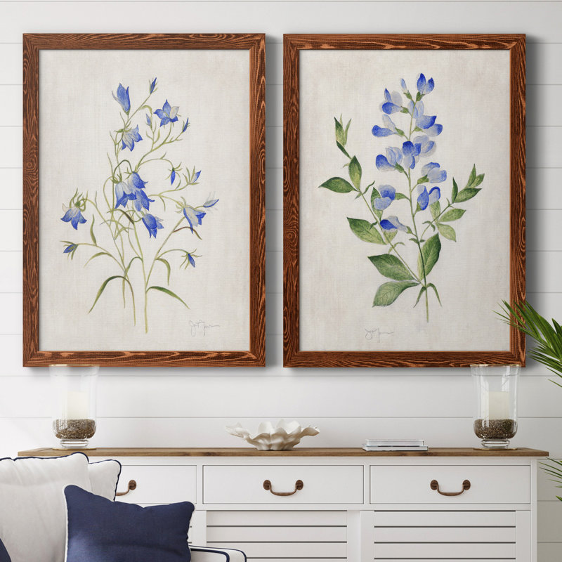 «Blue Botanical I», ensemble de 2 reproductions d'art, Toile avec cadre érable, Pas de tapis, H 31,5 po x l 47 po x P 1,5 po