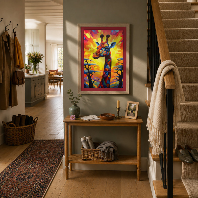 Geometric Giraffe Sunrise Maximalist 1 Piece Single Picture Frame Wall Art, A2 - 59.4 x 42.0 cm, Oak
