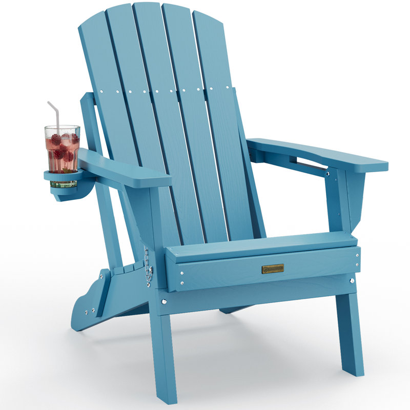 Nimitz All Weather Outdoor Folding HDPE Plastic Adirondack Chair With Cup Holder Fire Pit Chairs Oversized Patio Chair, Blue