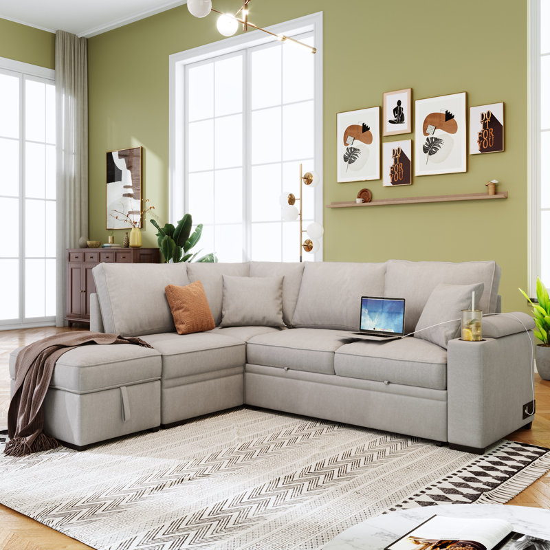 Cassan Upholstered L-Shaped Sectional Left Hand Facing, Beige Linen Blend