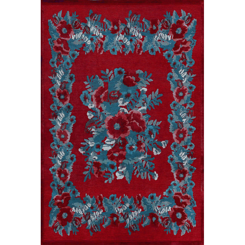 Tapis tissé à motif floral rouge et bleu Karabagh, Rectangle 4 pi 11,06 po x 7 pi 6,55 po