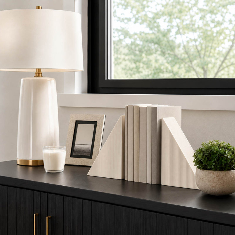 Serre-livres décoratifs abstraits à angle droit pour bibliothèques et bureau - Ensemble de 2 libellés modernes pour la maison ou le bureau, ivoire
