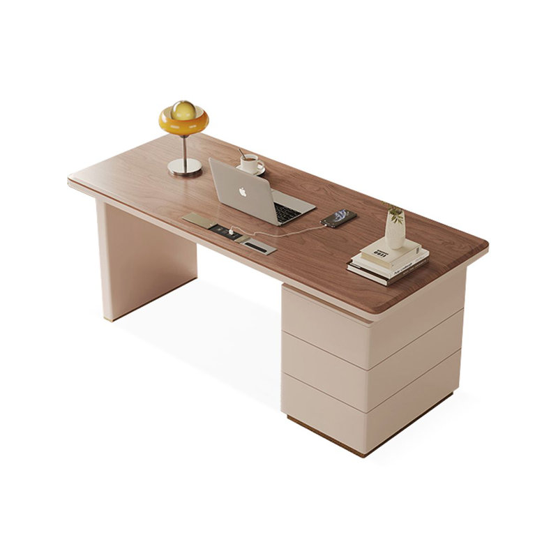 Bureau à 3 tiroirs brun noyer + blanc massif + bois manufacturé, Retour à gauche, H 29,53 po x l 62,99 po x P 27,56 po