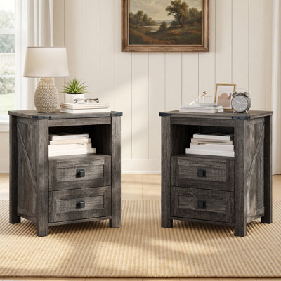 18" Farmhouse Nightstand Set with 2 Drawers & Open Shelf,Gray