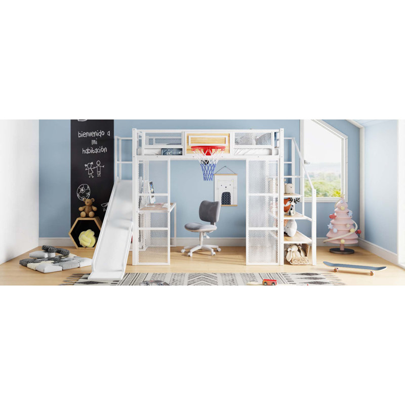 Lit mezzanine en métal avec bureau intégré, garde-robe ouverte, panier de basketball, glissade et escalier, Blanc