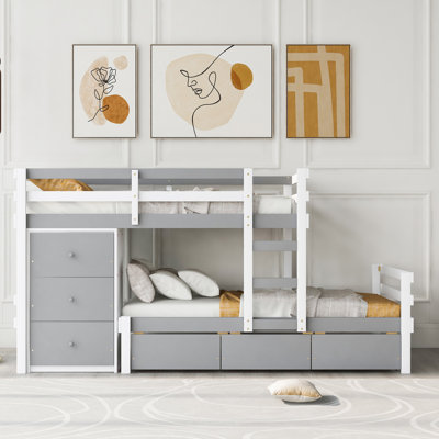 Lit superposé simple au-dessus d'un lit simple avec tiroirs et échelle, gris
