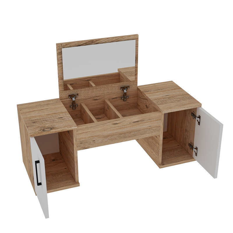 Makeup Vanity Table With Mirror and Storage Wall Mounted Marie, Atlantic Pine/White