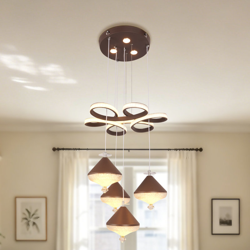 Modern 4-Light Brown Led Pendant Light With 3-Color Dimmable