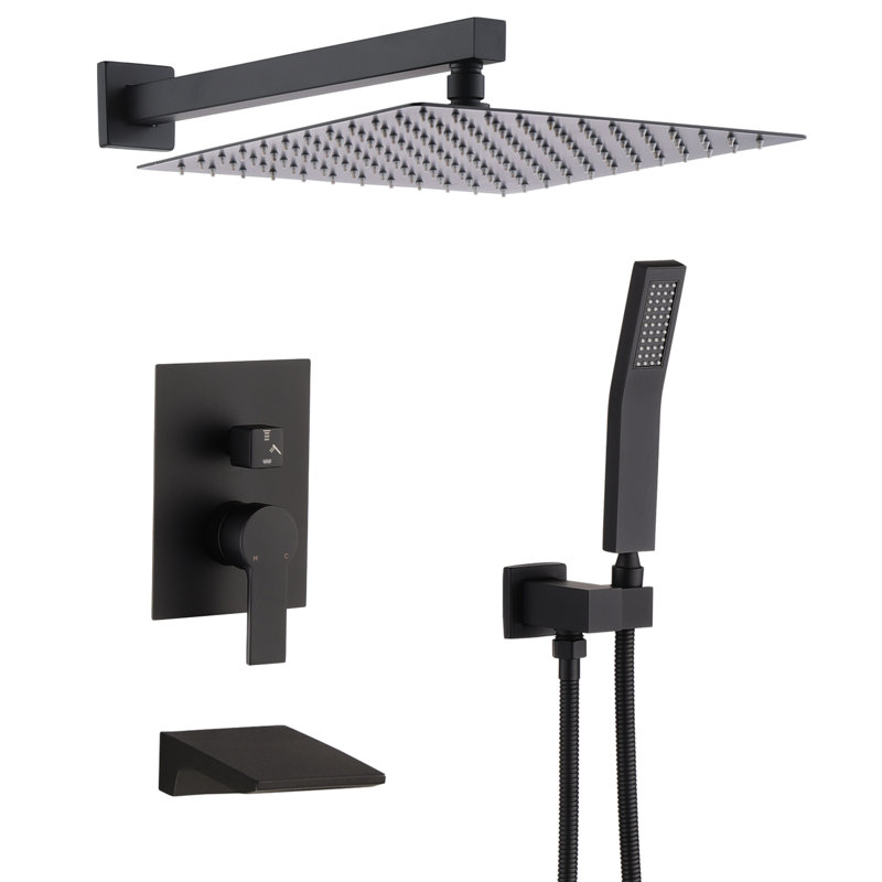 Pomme de douche à effet de pluie 10 po et robinet de salle de bain équilibré - noir mat, fixation murale noire avec valve de 10 po