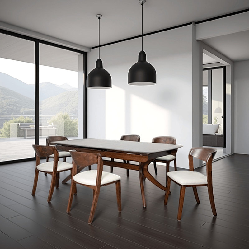 Ensemble de table de salle à manger Viki 7 pièces, extensible, chaises en tissu ivoire, bois brun