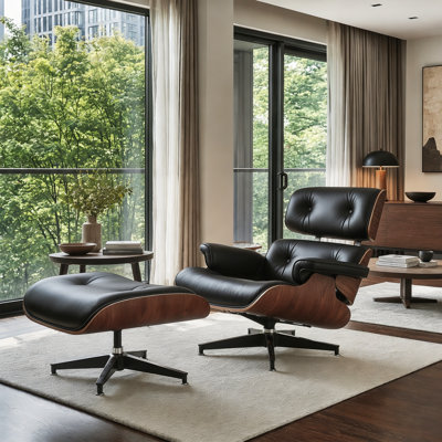 Real Leather Upholstered Accent Chair with Ottoman and Heavy-Duty Aluminum Base