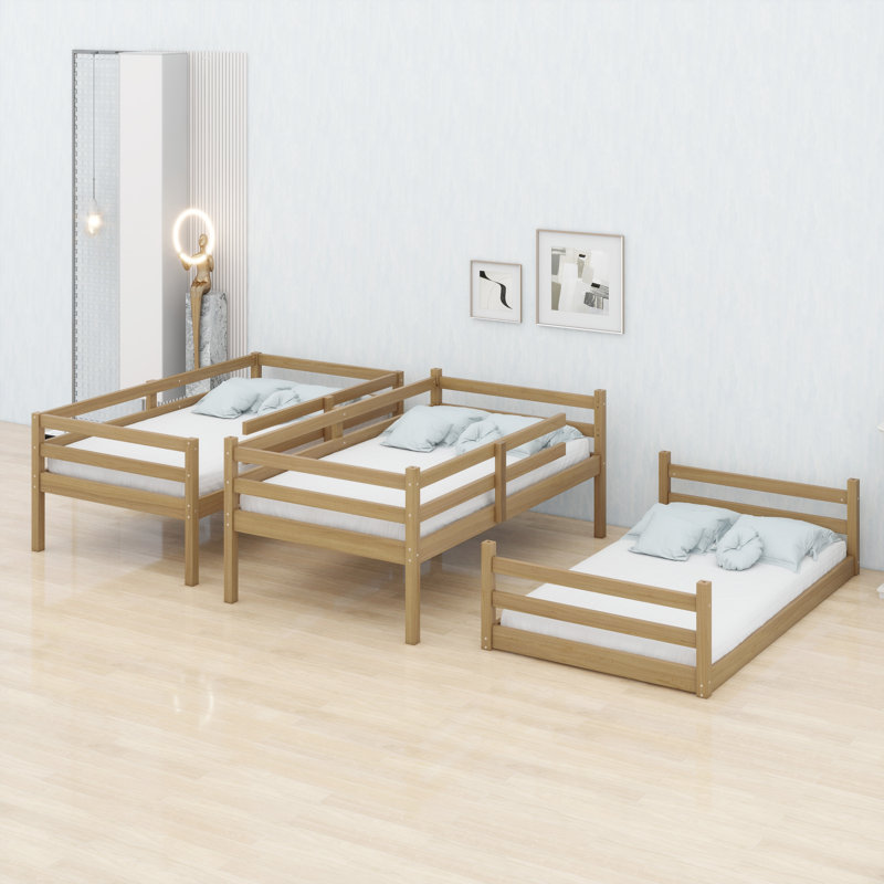 Triple-Tier Bunk Bed Featuring Two Built-In Ladders, Full-Perimeter Guardrails, And Modular Disassembly, Natural