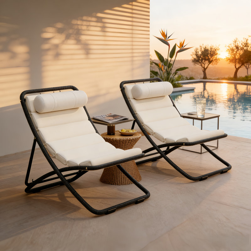 Luxury 2-Piece Rattan Folding Chaise Lounge Set With Weather-Resistant Cushions And Adjustable Ergonomic Backrest, Black