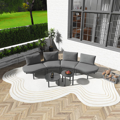Ensemble de meubles de patio 6 pièces, canapé modulaire d'extérieur demi-lune avec 2 tables basses haute et basse, rotin en osier PE, verre trempé, 4 coussins et coussins, pour la cour, le jardin, la piscine, Gary