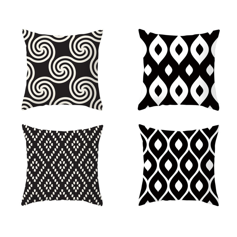Ensemble de 4 housses de coussins avec insertions, Noir géométrique
