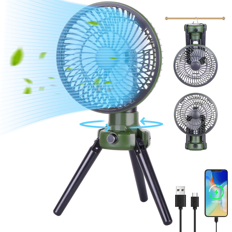 Oscillating Camping Fan With LED Lantern, 10400Mah Battery Operated Portable Fan, Green