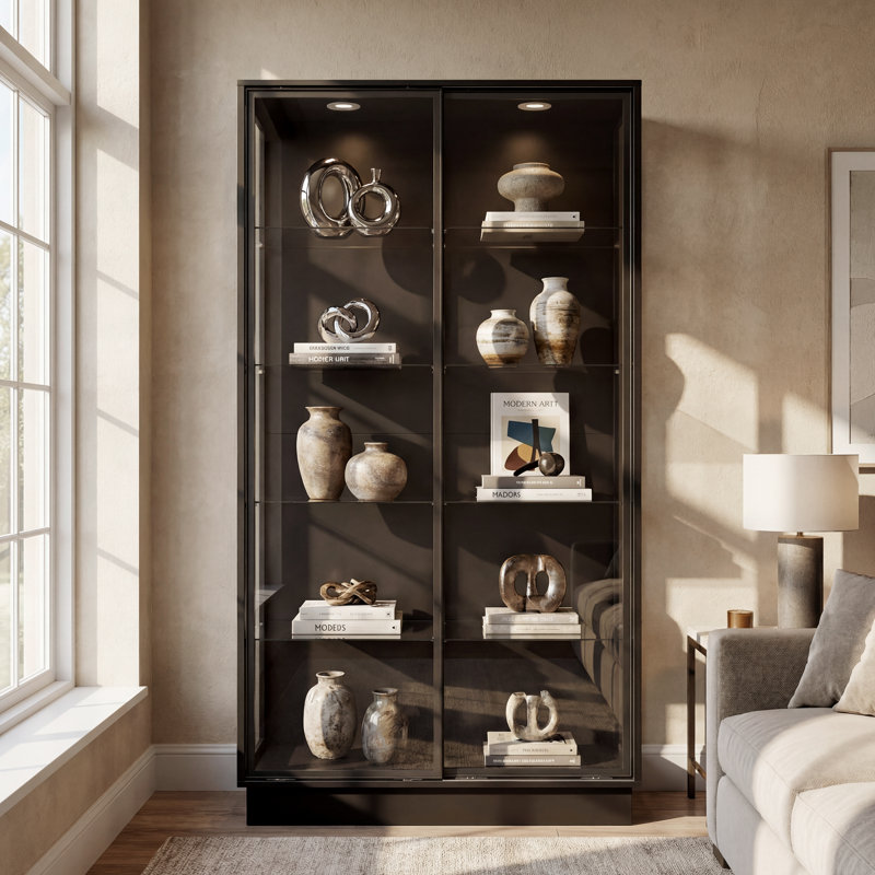 Glass Display Cabinet, 39.4" W — Black Aluminum Frame, Sliding Doors & LED Lights