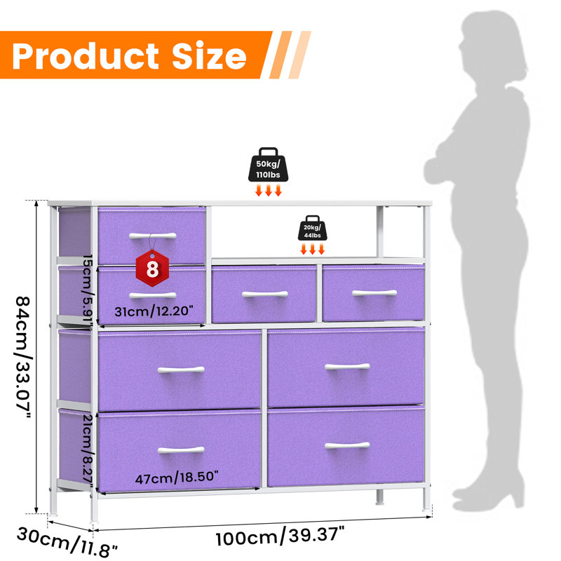 30 cm W Chest of 8 Drawers, Purple