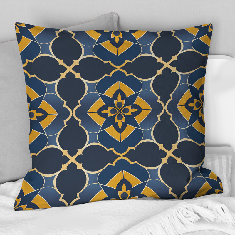 Coussin moderne bleu et jaune quadrilobe I, H 16 po x l 16 po