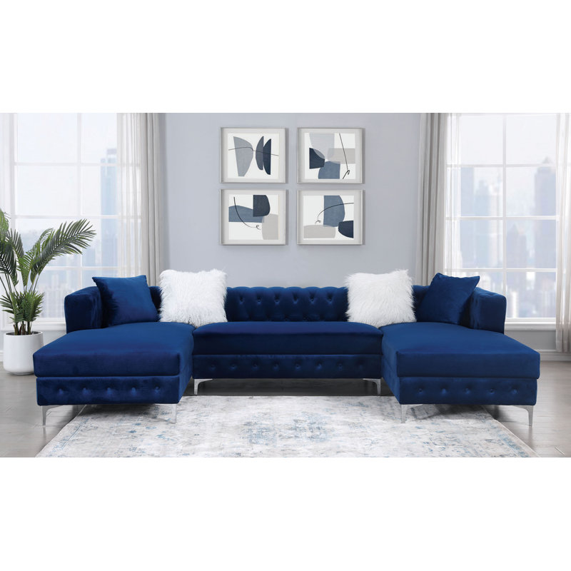 Ciabattoni Upholstered U-Shaped Sectional Symmetrical, Navy Polyester