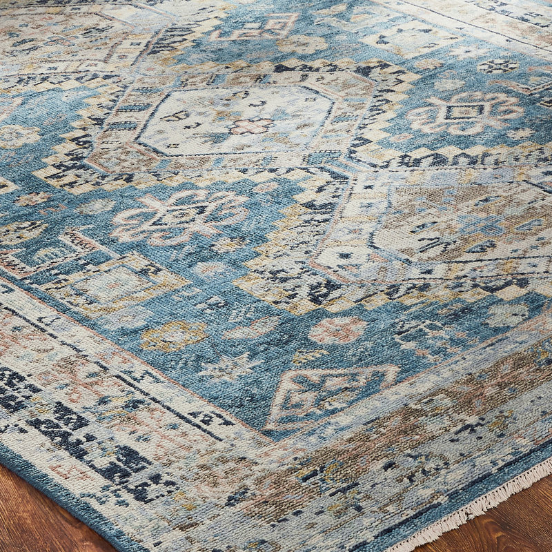 Pepa Hand Knotted Wool Area Rug, Rectangle 10' x 14', Blue/Beige
