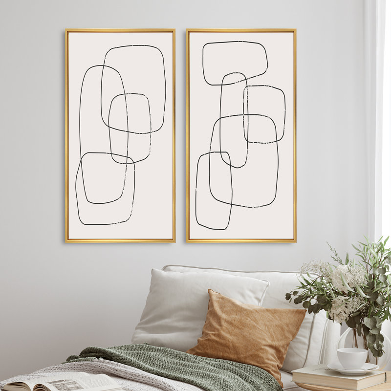 «Abstract Geometric Minimalistic Line I», ensemble de 2 peintures, H 40 po x l 40 po x P 1,5 po, Cadre doré