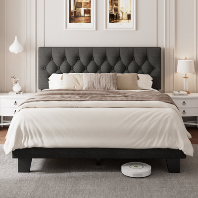 King Upholstered Bed Frame with Headboard, Button Tufted Linen Bed Base, Platform Bed with Wood Slat, Heavy Duty, Easy Assembly, No Box Spring Needed, White