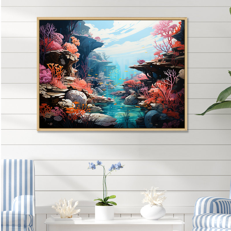 Coral World Expression - plage et océan, reproduction sur toile, Cadre naturel flottant, H 16 po x l 32 po x P 1 po